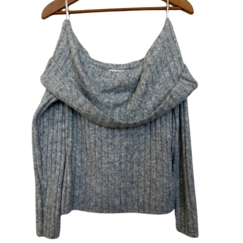 Abercrombie & Fitch Gray Off Shoulder Ribbed Sweater L Cozy Foldover Knit Chunky
